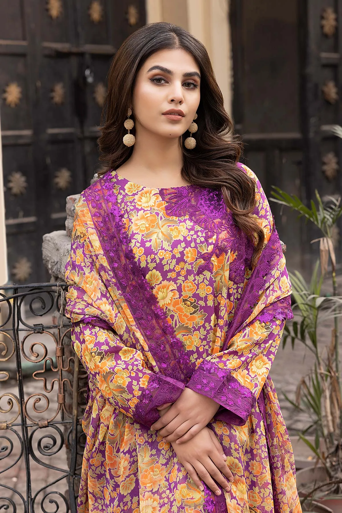 3-Pc Unstitched Printed Embroidered Lawn Suit With Embroidered Chiffon Dupatta CRB23-11