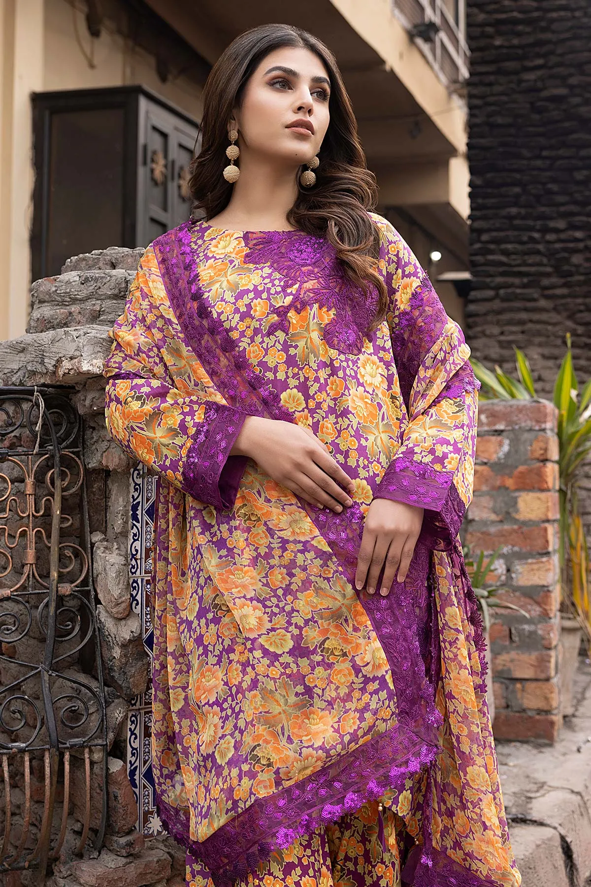 3-Pc Unstitched Printed Embroidered Lawn Suit With Embroidered Chiffon Dupatta CRB23-11