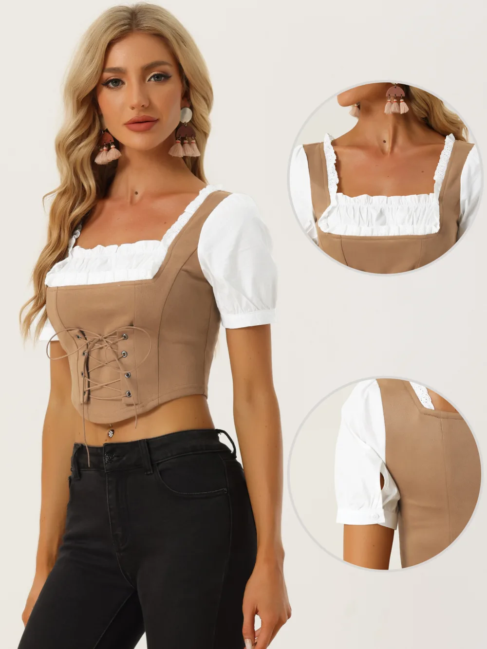 Allegra K -Contrast Puff Sleeve Square Neck Lace Up Faux Suede Crop Top