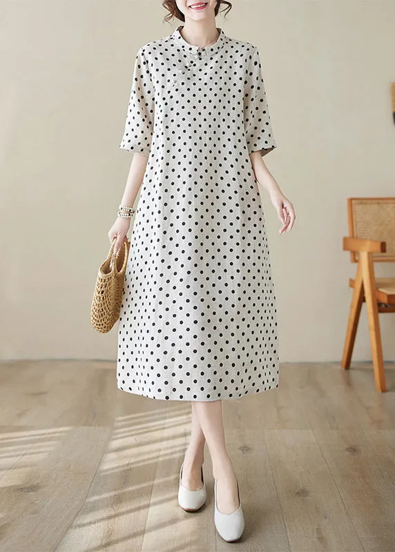 Boutique Stand Collar Dot Print Cotton Long Dress Summer