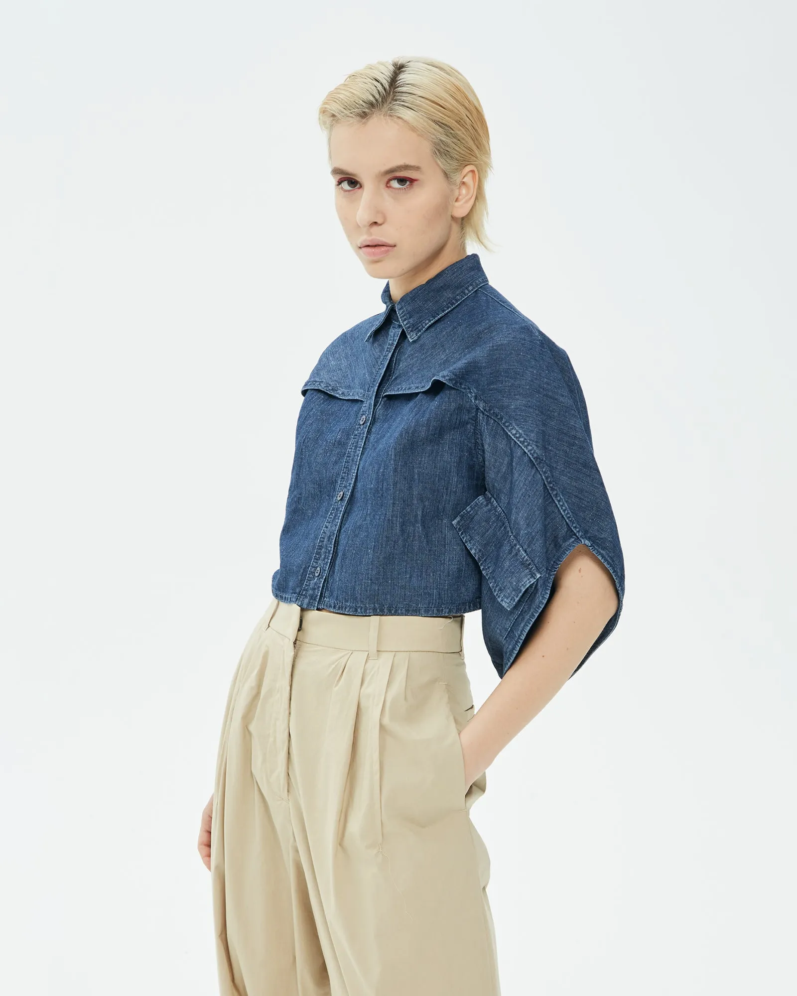 Camicia cropped in tessuto jeans effetto kimono