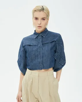 Camicia cropped in tessuto jeans effetto kimono