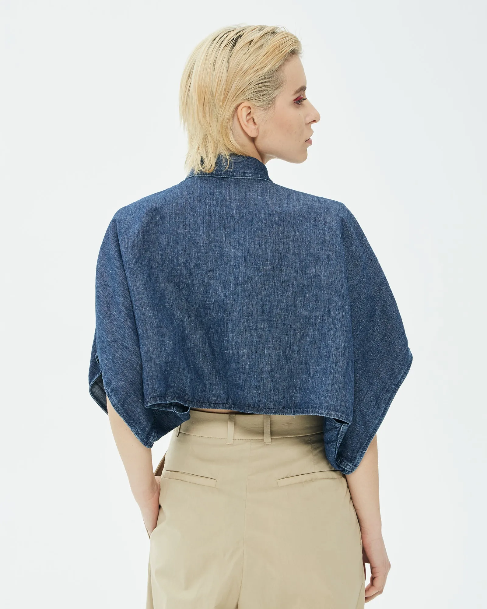 Camicia cropped in tessuto jeans effetto kimono