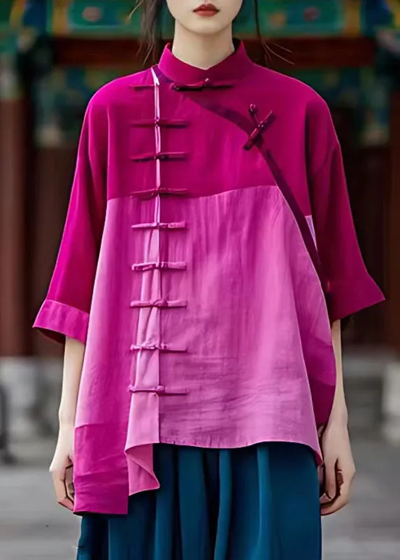 Chinese Style Light Purple Stand Collar Asymmetrical Button Shirt Summer