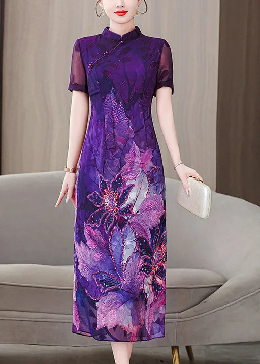 Chinese Style Purple Stand Collar Print Silk Dress Summer