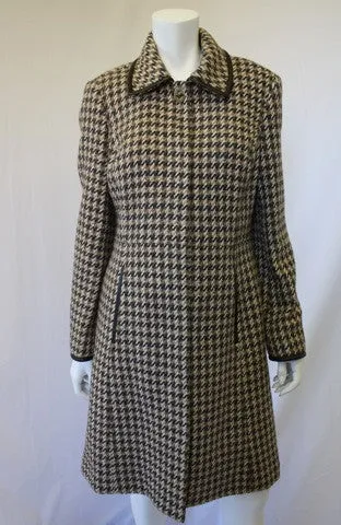 COACH Brown Tweed Wool Coat with Leather Trip & Classic Brass Turn Lock Closure