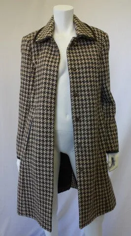 COACH Brown Tweed Wool Coat with Leather Trip & Classic Brass Turn Lock Closure