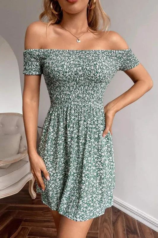 Ditsy Floral Off Shoulder Shirred Dress