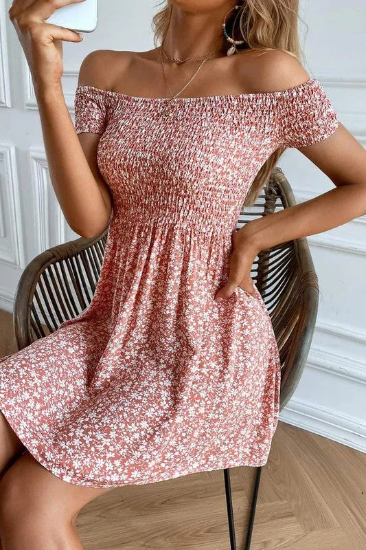 Ditsy Floral Off Shoulder Shirred Dress