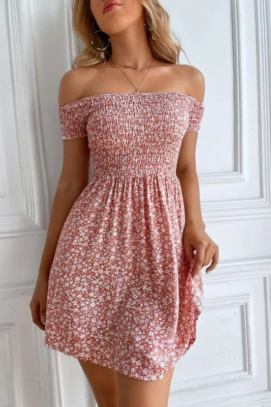 Ditsy Floral Off Shoulder Shirred Dress