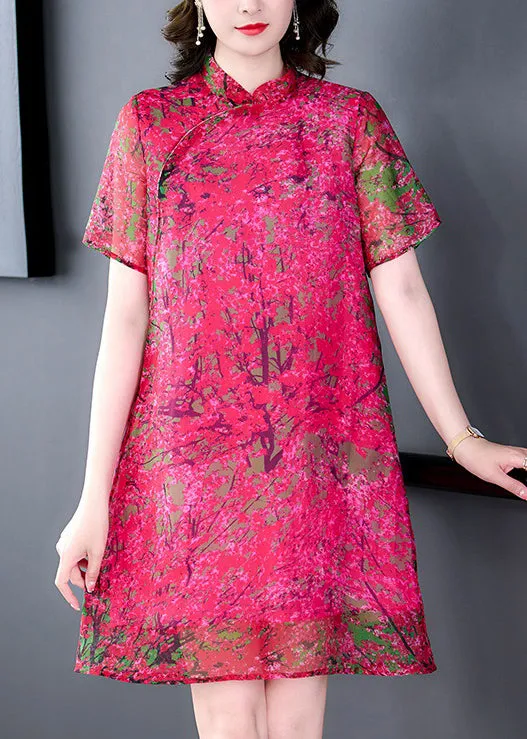 Elegant Rose Stand Collar Print Silk Mid Dress Summer