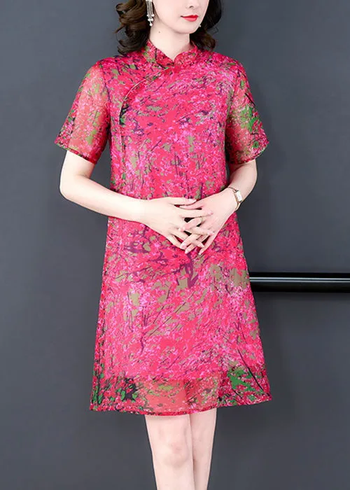 Elegant Rose Stand Collar Print Silk Mid Dress Summer