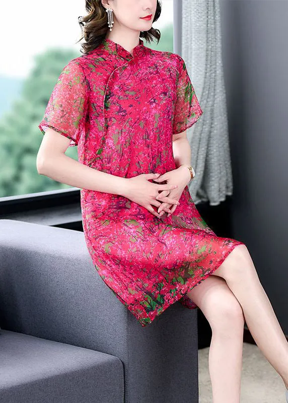 Elegant Rose Stand Collar Print Silk Mid Dress Summer