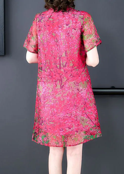 Elegant Rose Stand Collar Print Silk Mid Dress Summer