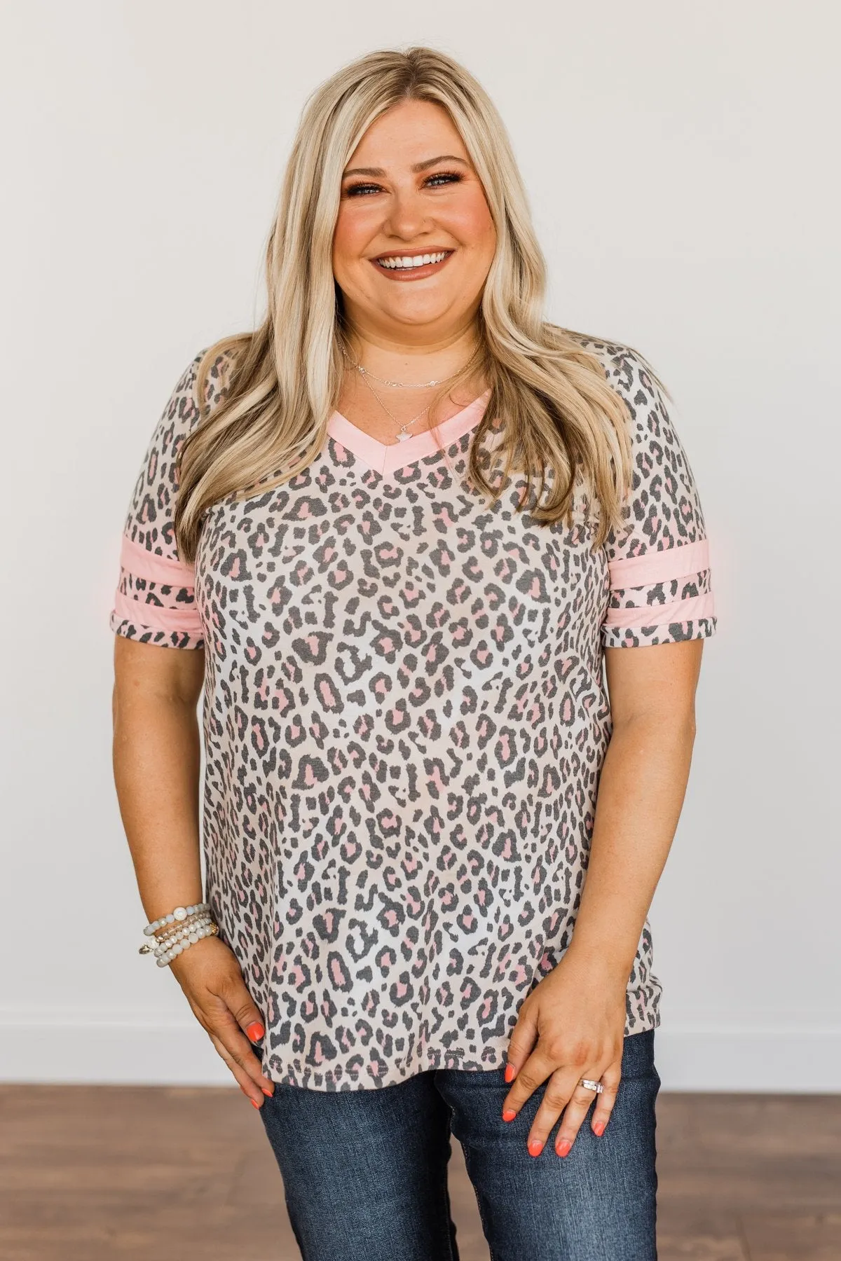 Every Endeavor Varsity Stripe Top- Pink & Mocha Leopard