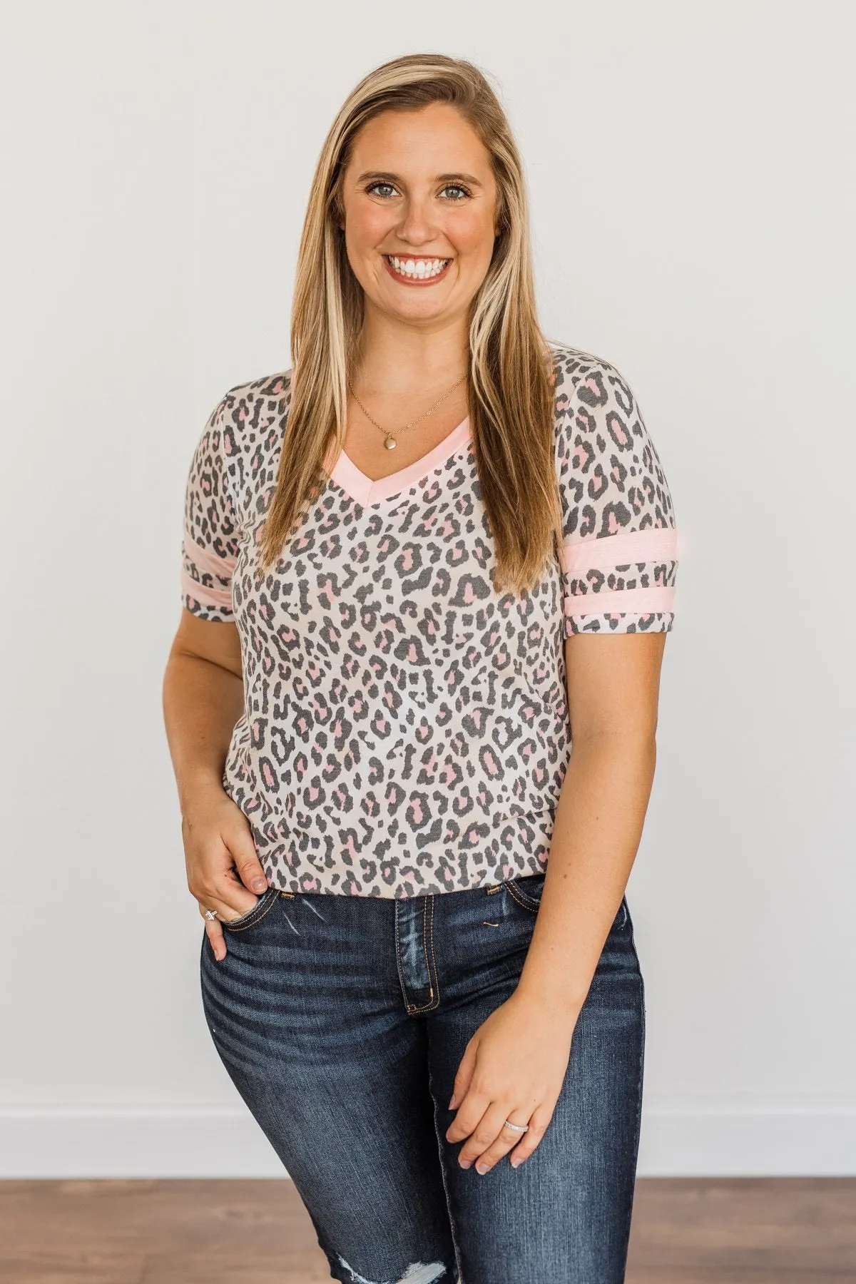 Every Endeavor Varsity Stripe Top- Pink & Mocha Leopard