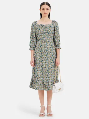 Floral Puff Sleeves Midi Dress