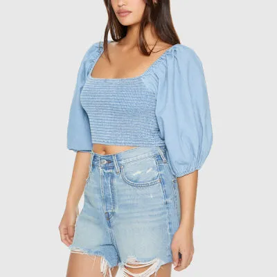 Forever 21 Chambray Ruched Womens Square Neck 3/4 Sleeve Crop Top Juniors