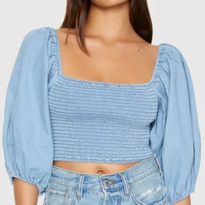 Forever 21 Chambray Ruched Womens Square Neck 3/4 Sleeve Crop Top Juniors