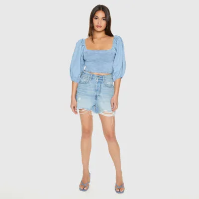 Forever 21 Chambray Ruched Womens Square Neck 3/4 Sleeve Crop Top Juniors