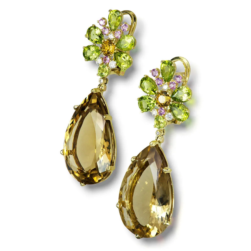 Gold Blossom Grand Pear Earrings with Champagne Quartz