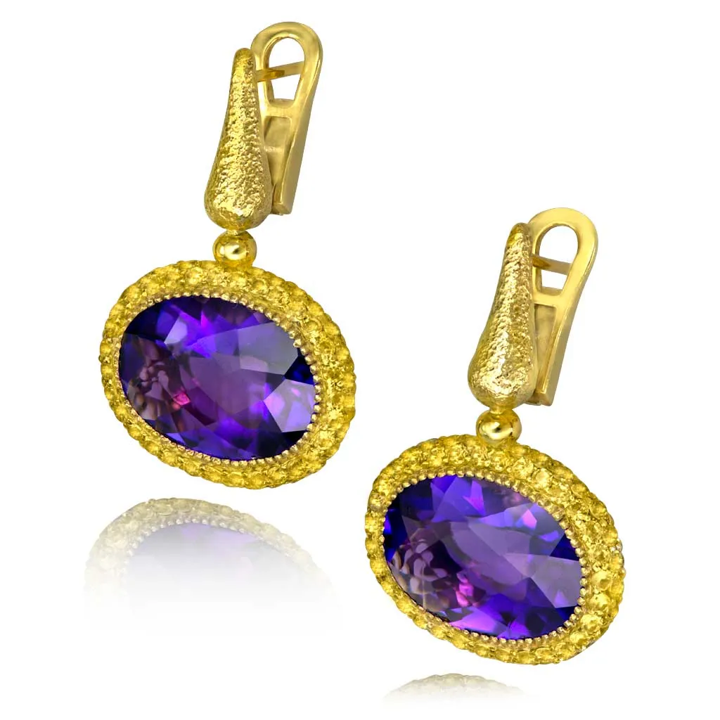 Gold Cocktail Drop Earrings With Amethyst & Sapphires