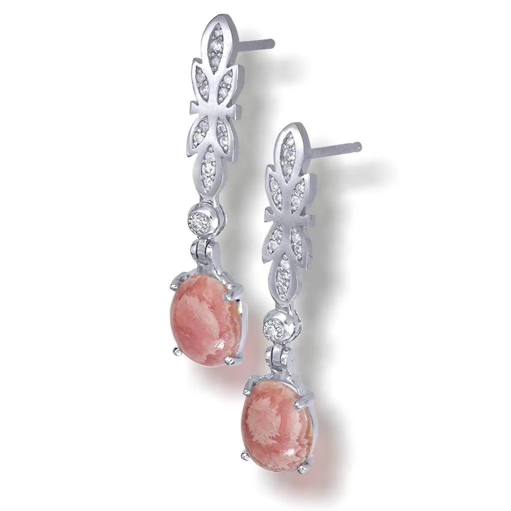 Gold Cocktail Earrings With Rhodochrosite & Diamonds