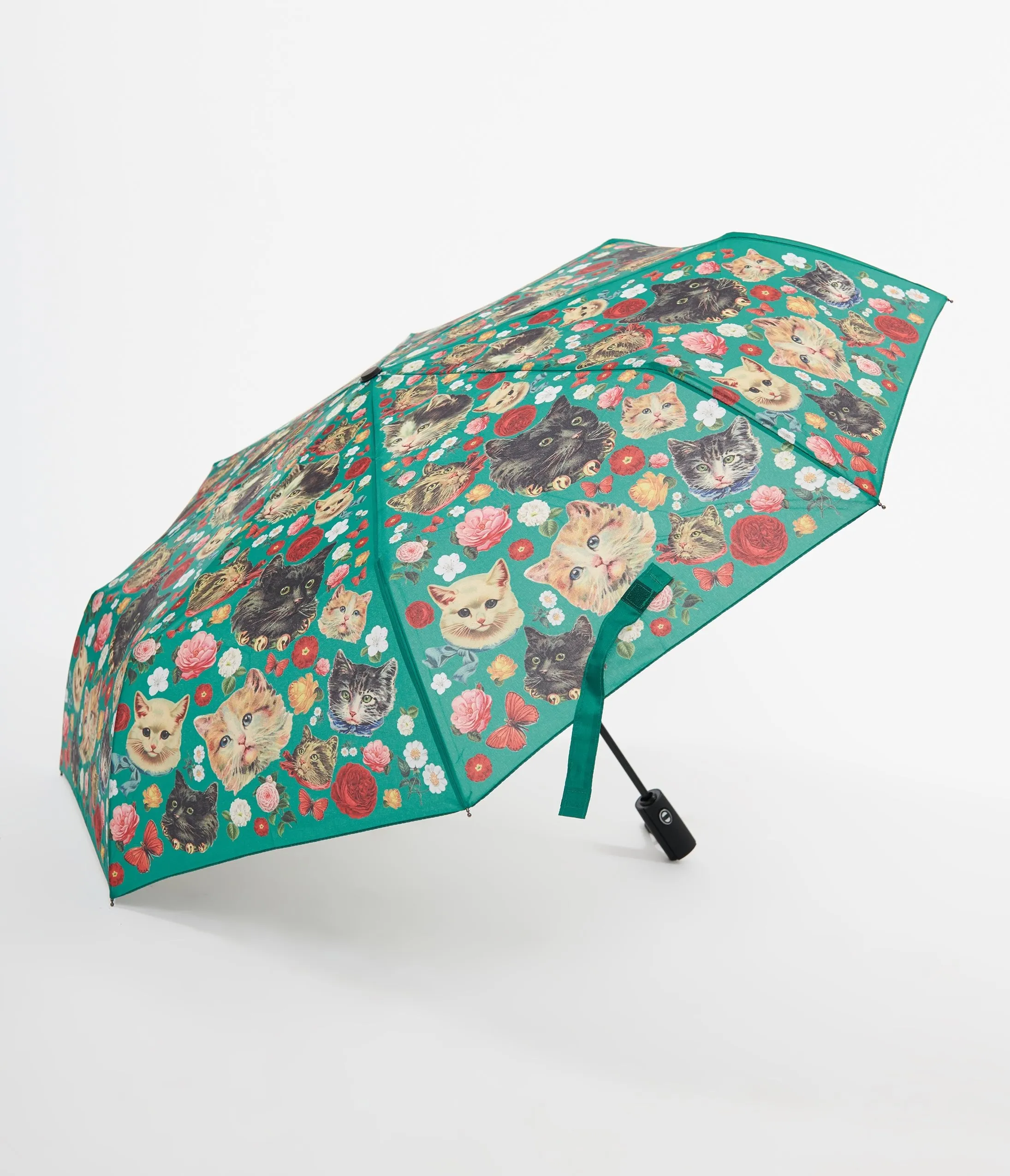 Green Kitschy Kitty Cat Print Umbrella