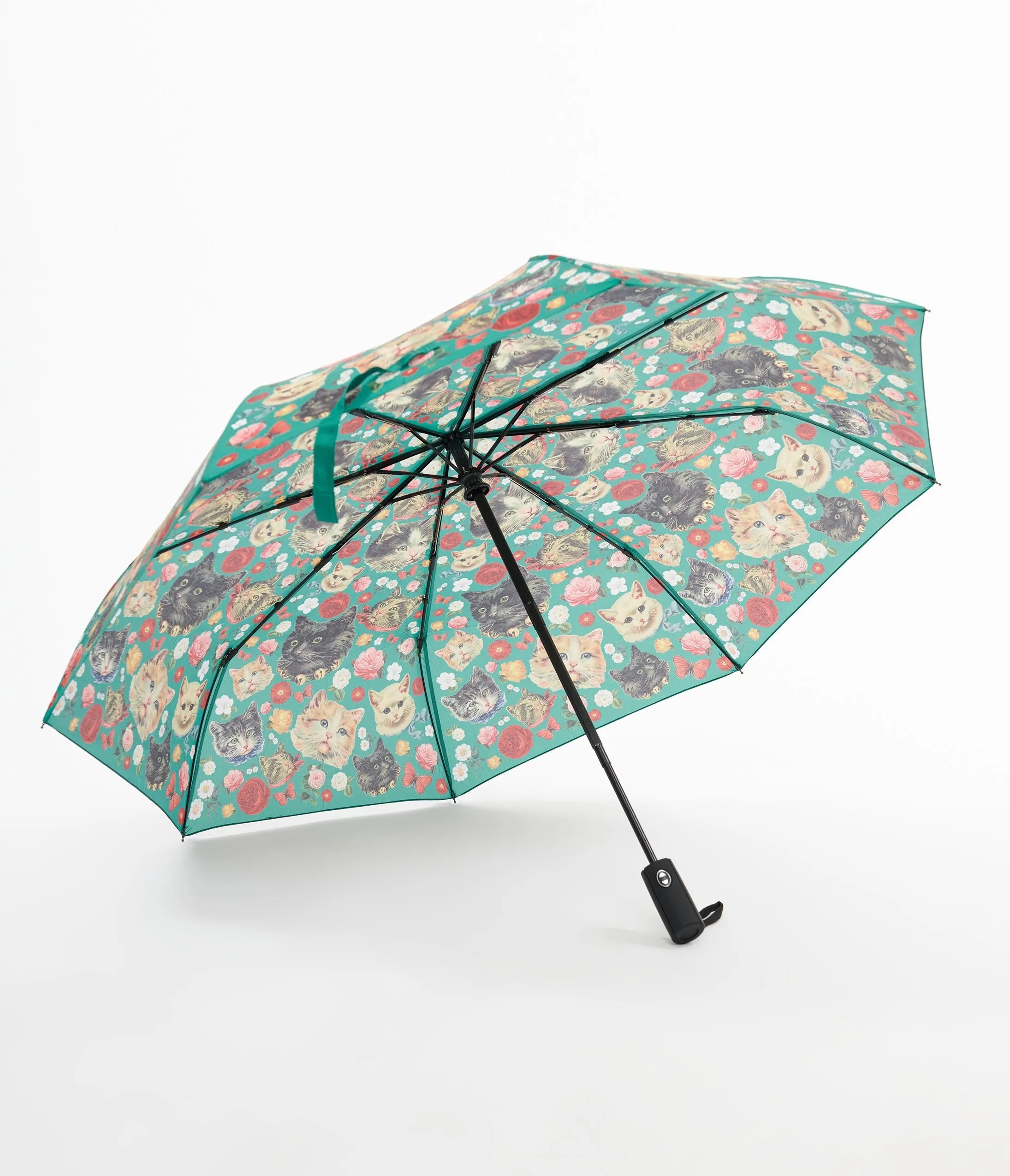 Green Kitschy Kitty Cat Print Umbrella