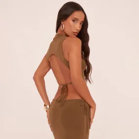 High Neck Open Back Crop Top In Olive Green Slinky