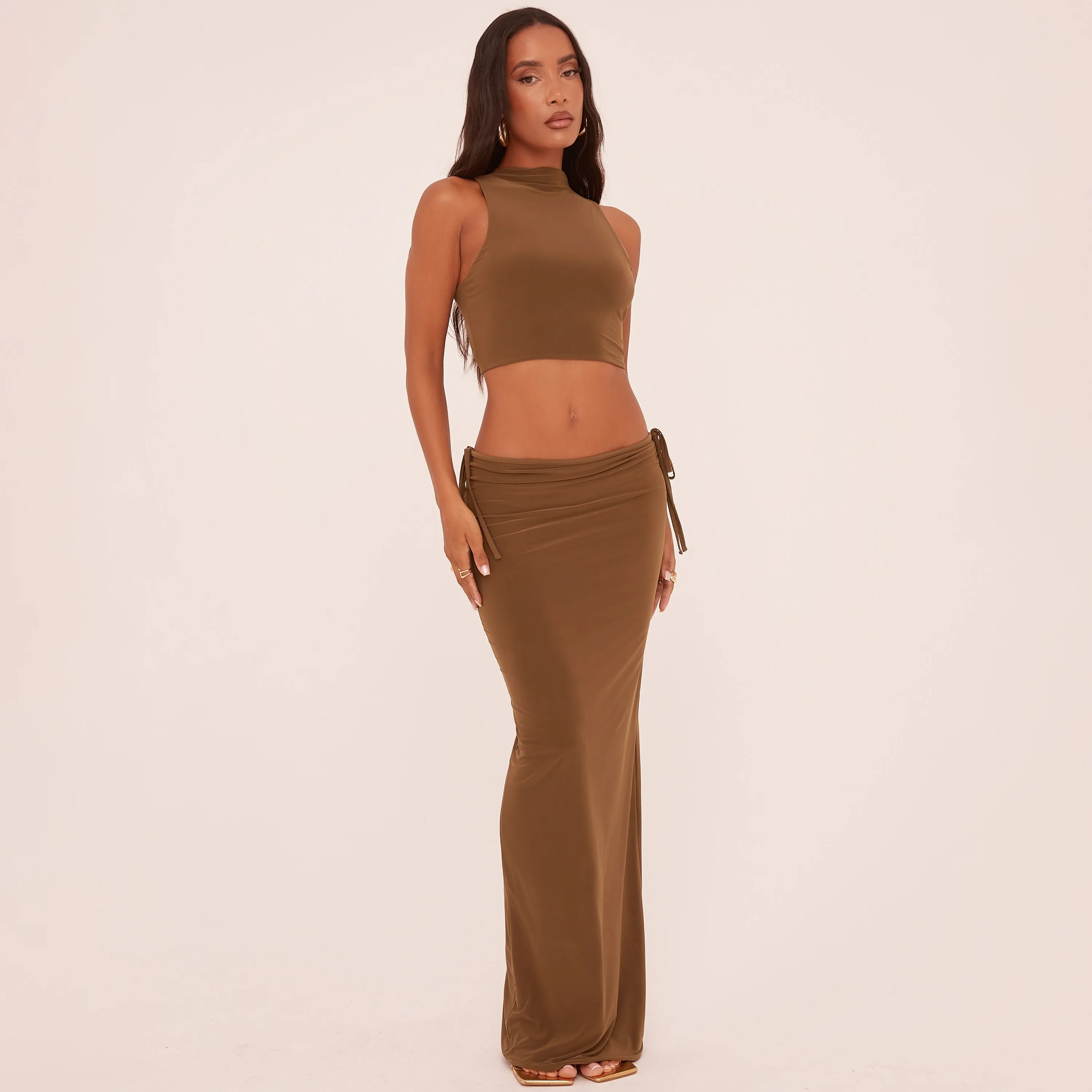 High Neck Open Back Crop Top In Olive Green Slinky