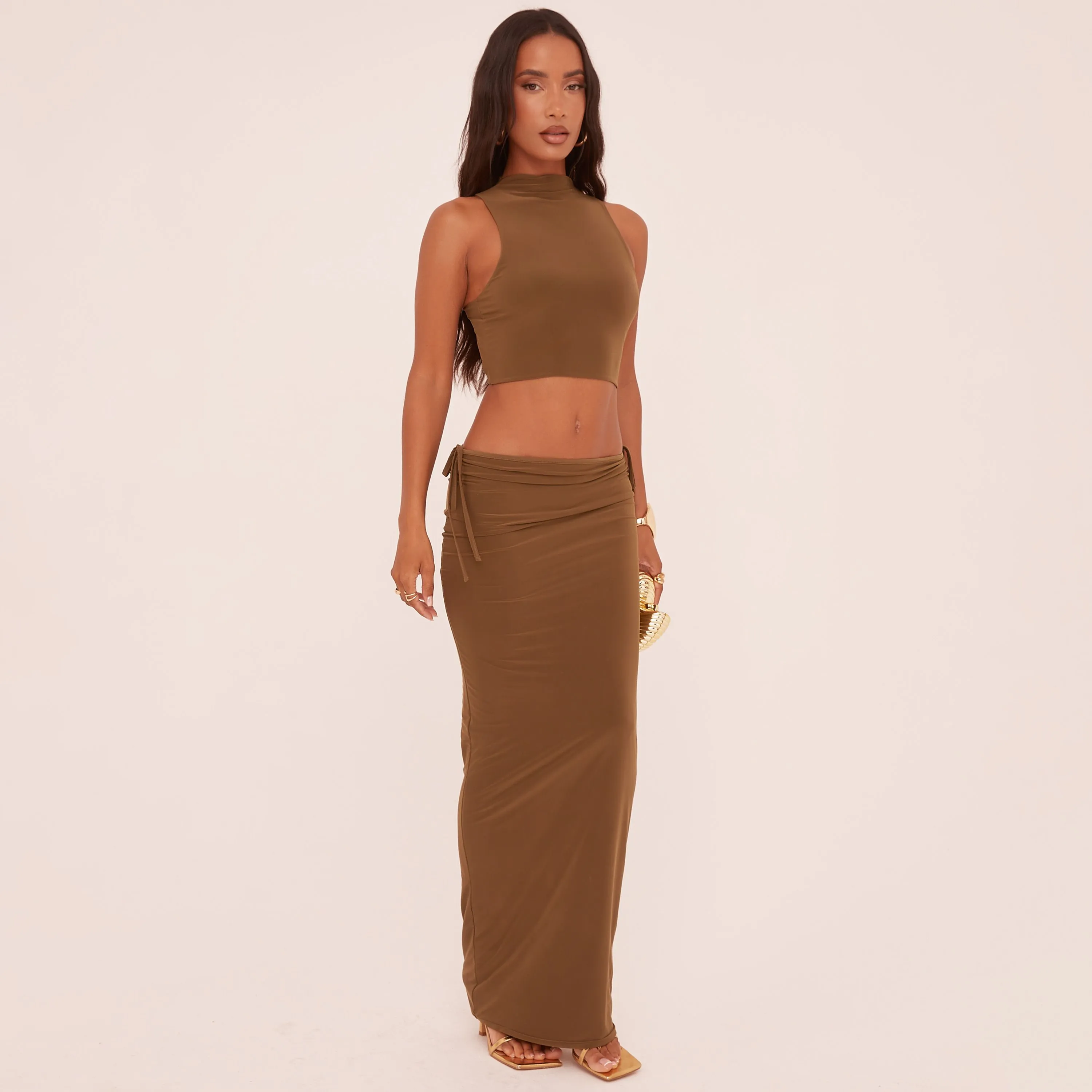 High Neck Open Back Crop Top In Olive Green Slinky