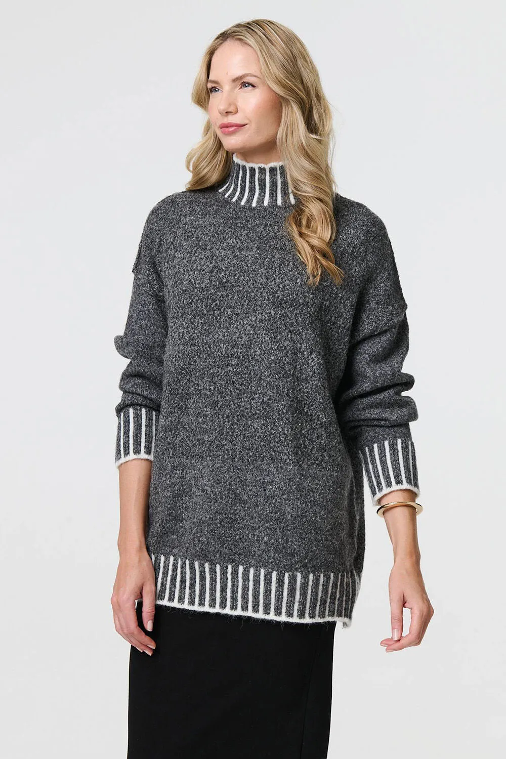 Izabel London – Stripe Trim High Neck Oversized Jumper