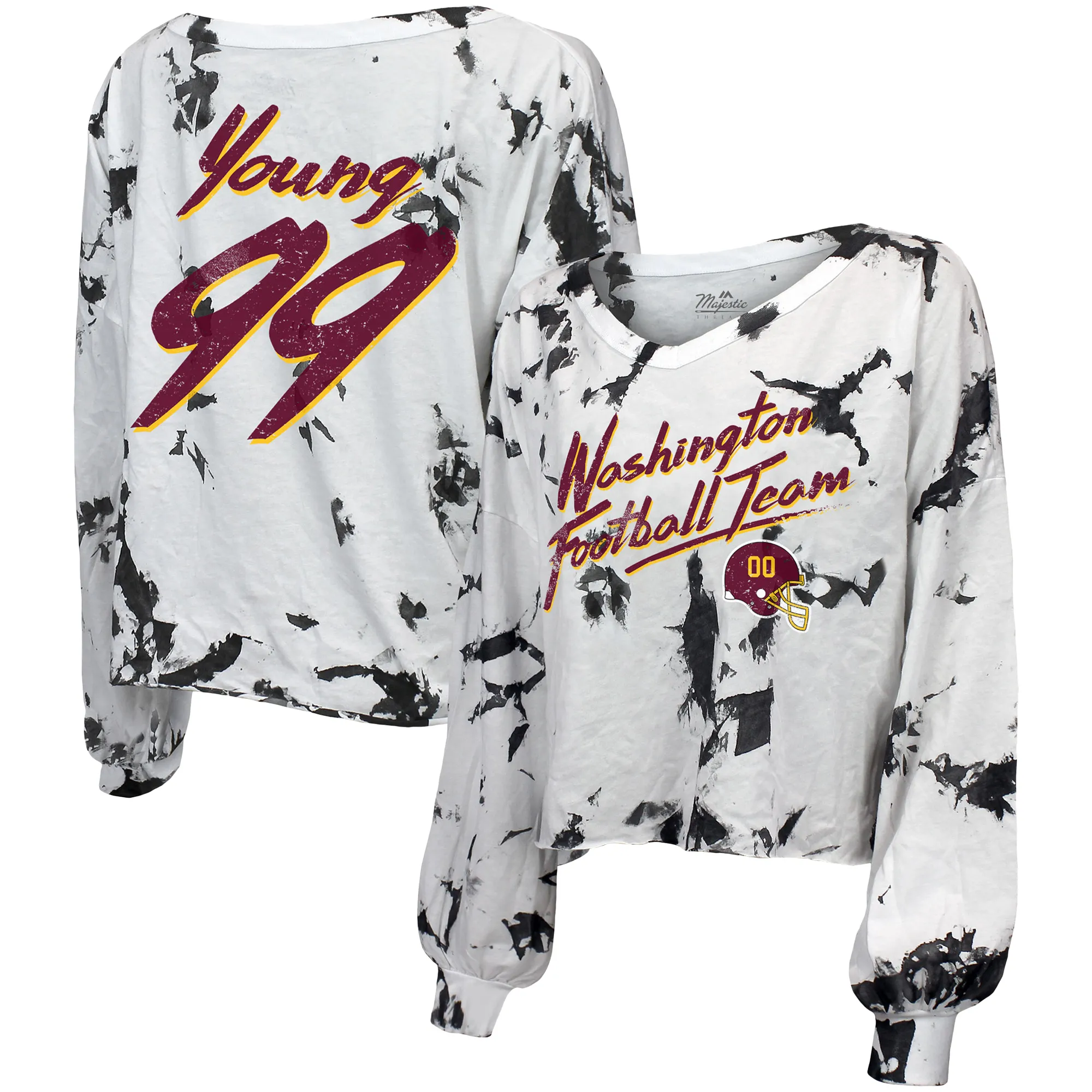 Lids Women's Majestic Threads Chase Young White Washington Commanders Off-Shoulder Tie-Dye Name & Number Long Sleeve V-