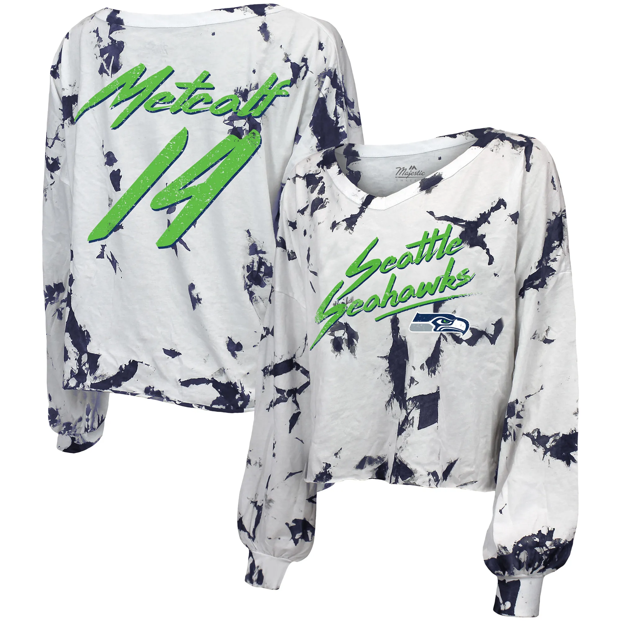 Lids Women's Majestic Threads DK Metcalf White Seattle Seahawks Off-Shoulder Tie-Dye Name & Number Long Sleeve V-Neck C