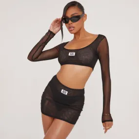 Long Sleeve Scoop Neck 'Moi Moi' Badge Printed Crop Top In Black Mesh