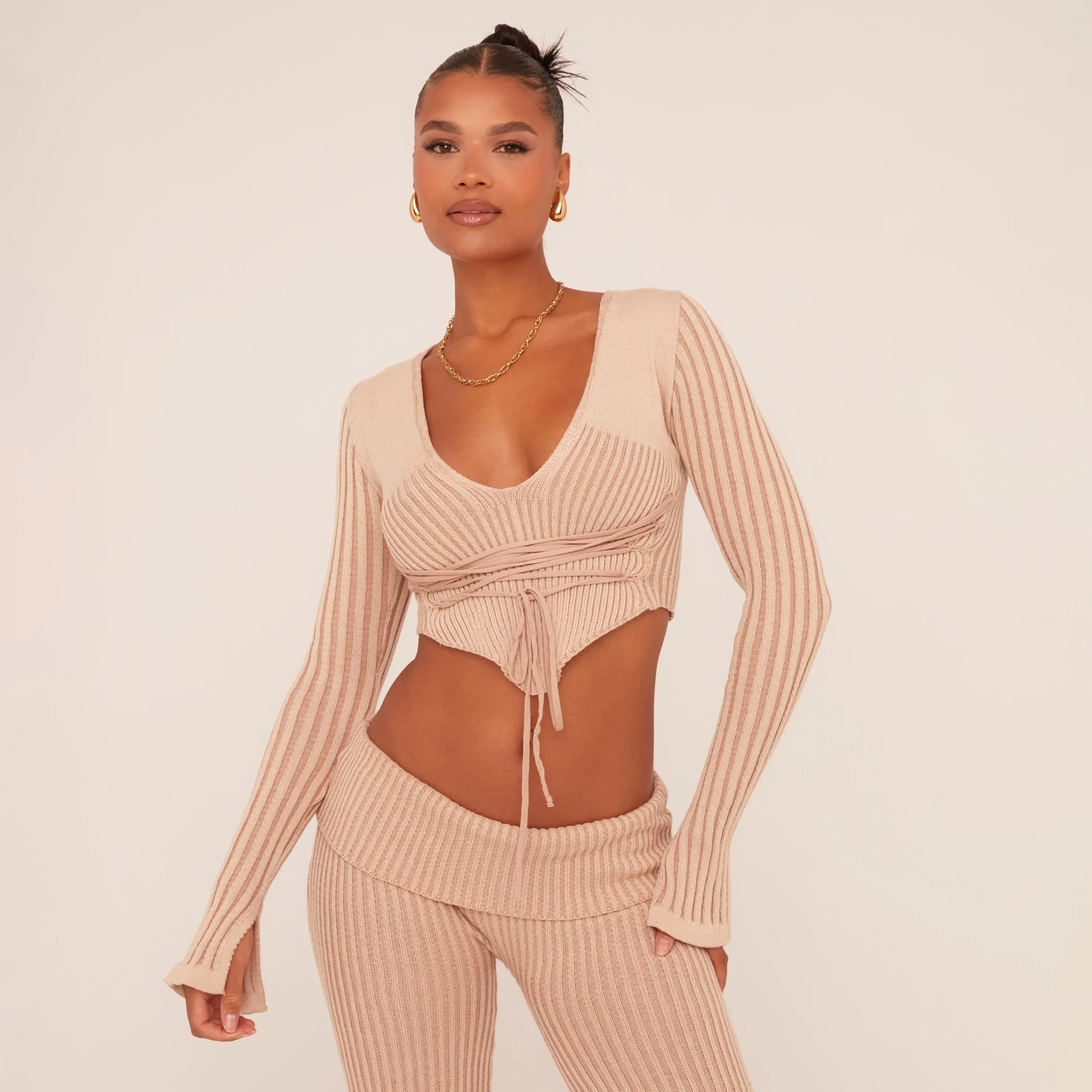 Long Sleeve Scoop Neck Tie Waist Dipped Hem Crop Top In Stone Contrast Knit