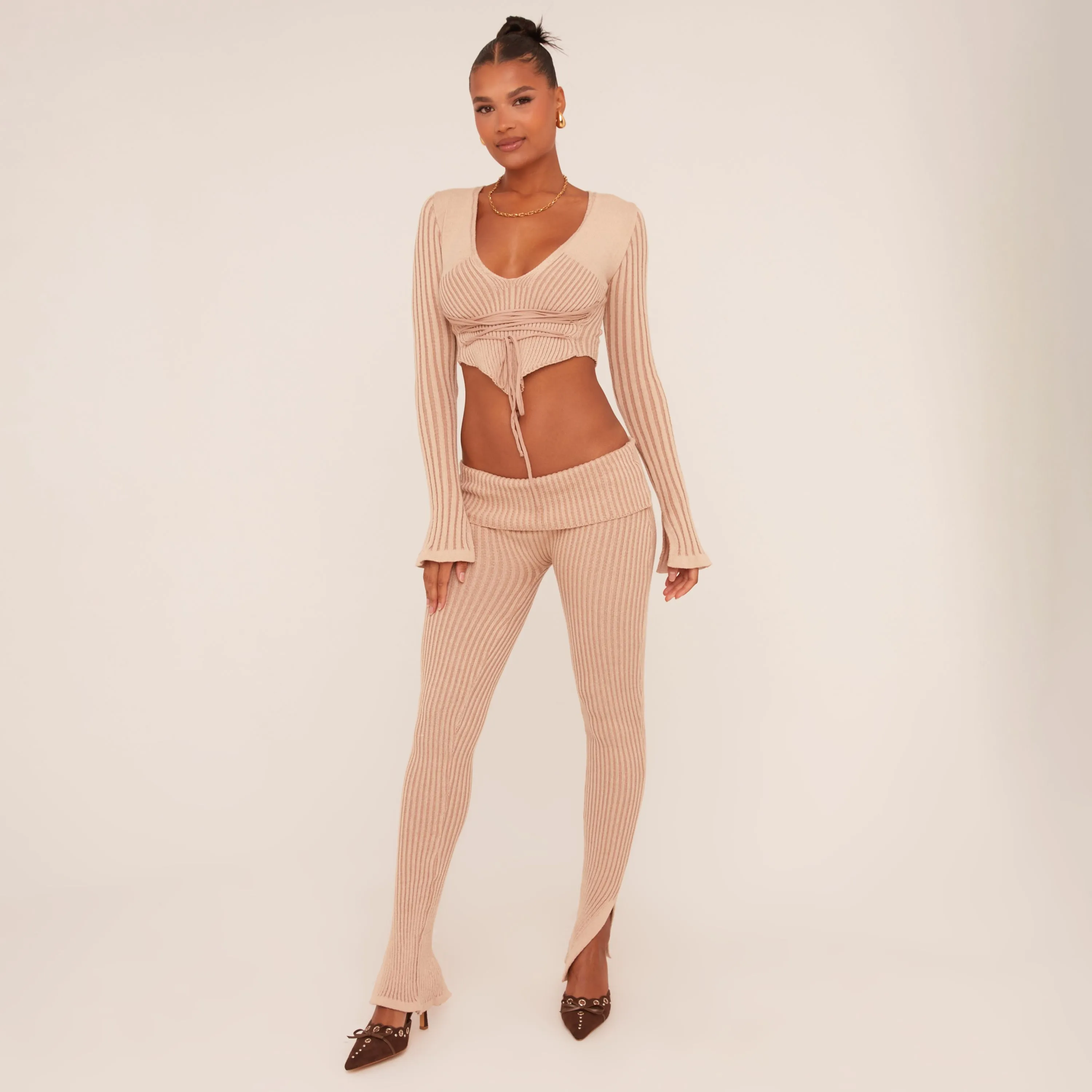 Long Sleeve Scoop Neck Tie Waist Dipped Hem Crop Top In Stone Contrast Knit