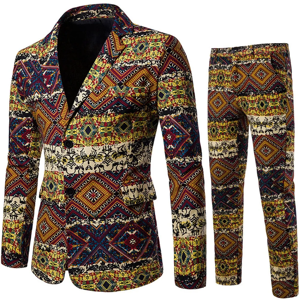 Men's Casual Party Stage 3D Floral Printed Blazer and Pants Two-piece Suit