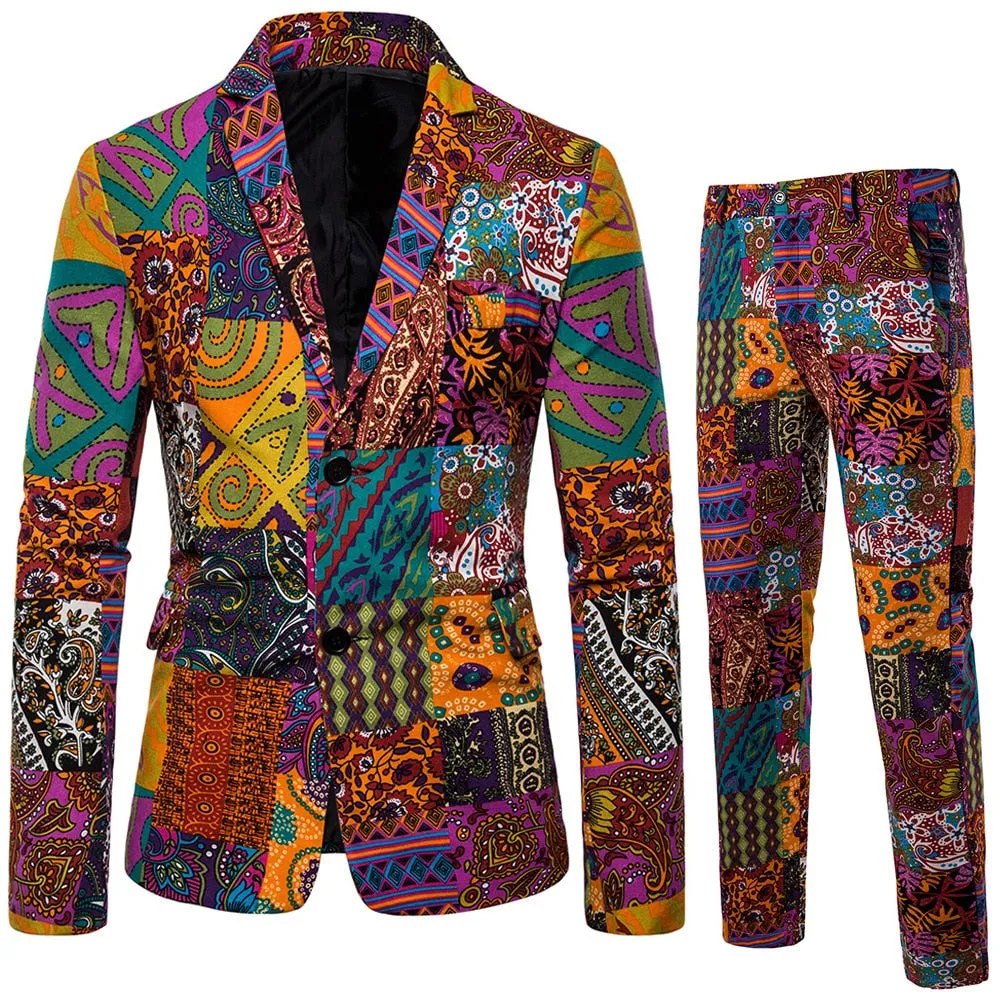 Men's Casual Party Stage 3D Floral Printed Blazer and Pants Two-piece Suit