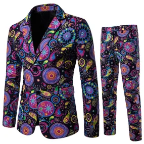 Men's Casual Party Stage 3D Floral Printed Blazer and Pants Two-piece Suit