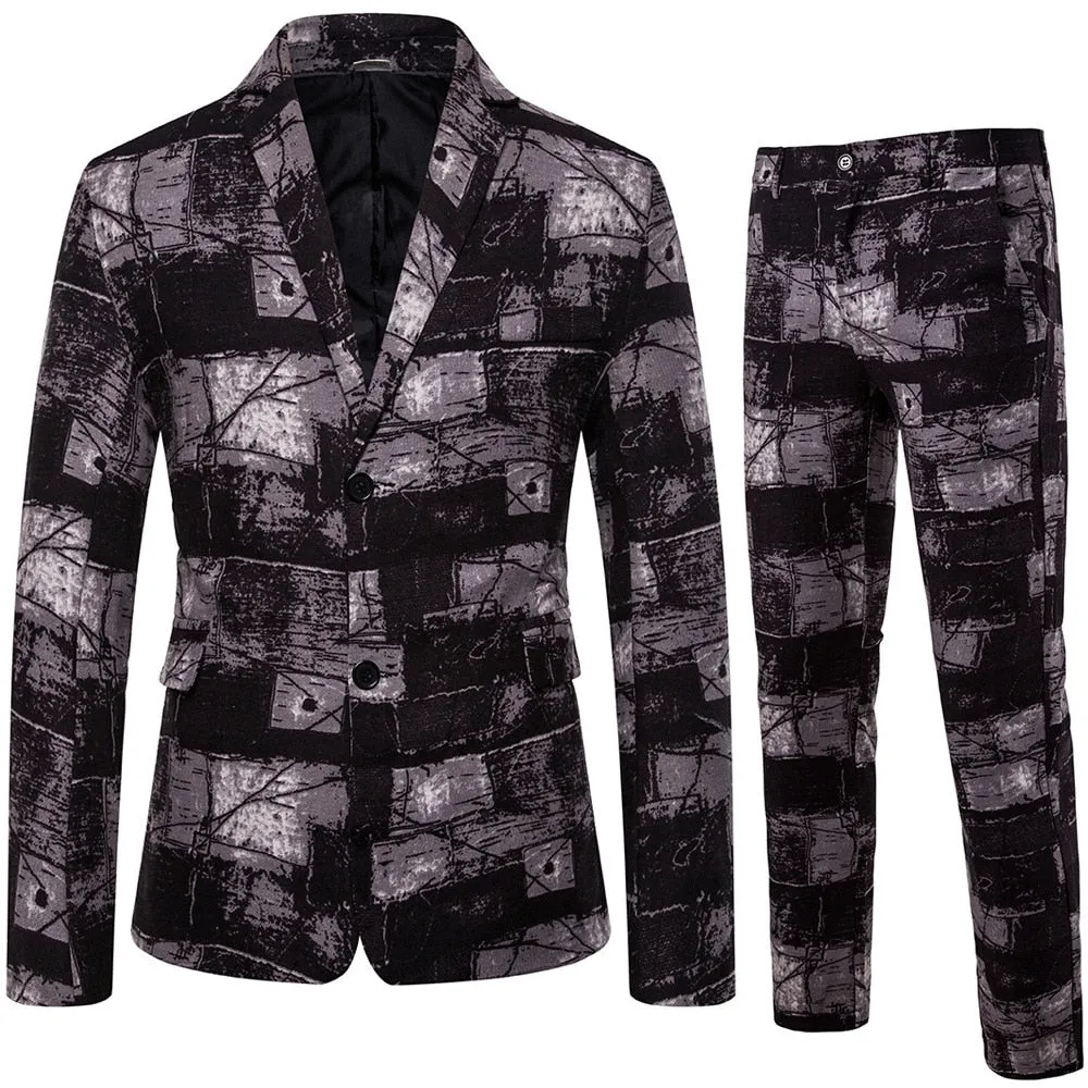 Men's Casual Party Stage 3D Floral Printed Blazer and Pants Two-piece Suit