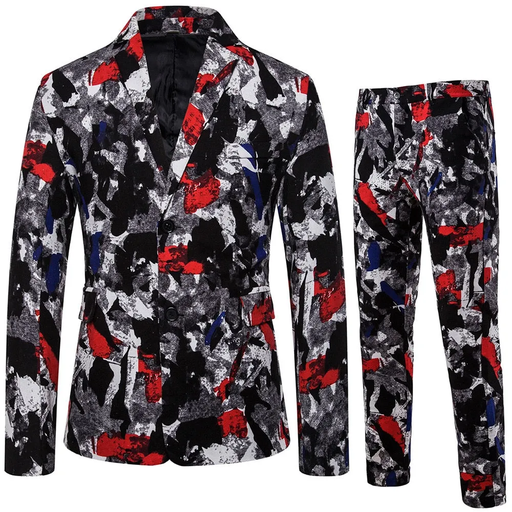 Men's Casual Party Stage 3D Floral Printed Blazer and Pants Two-piece Suit