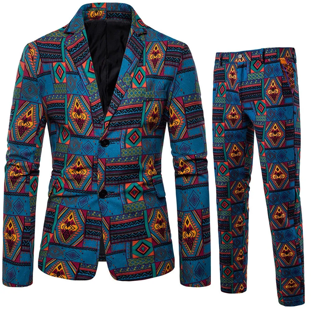 Men's Casual Party Stage 3D Floral Printed Blazer and Pants Two-piece Suit