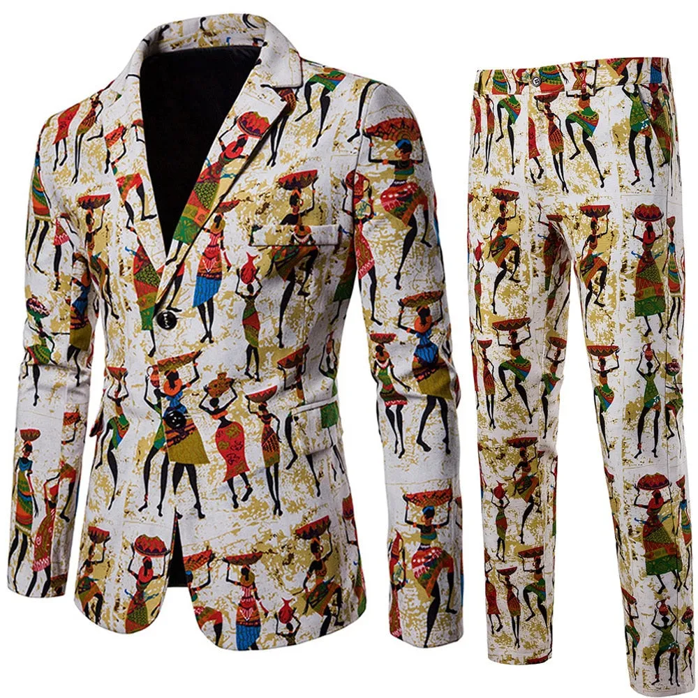 Men's Casual Party Stage 3D Floral Printed Blazer and Pants Two-piece Suit