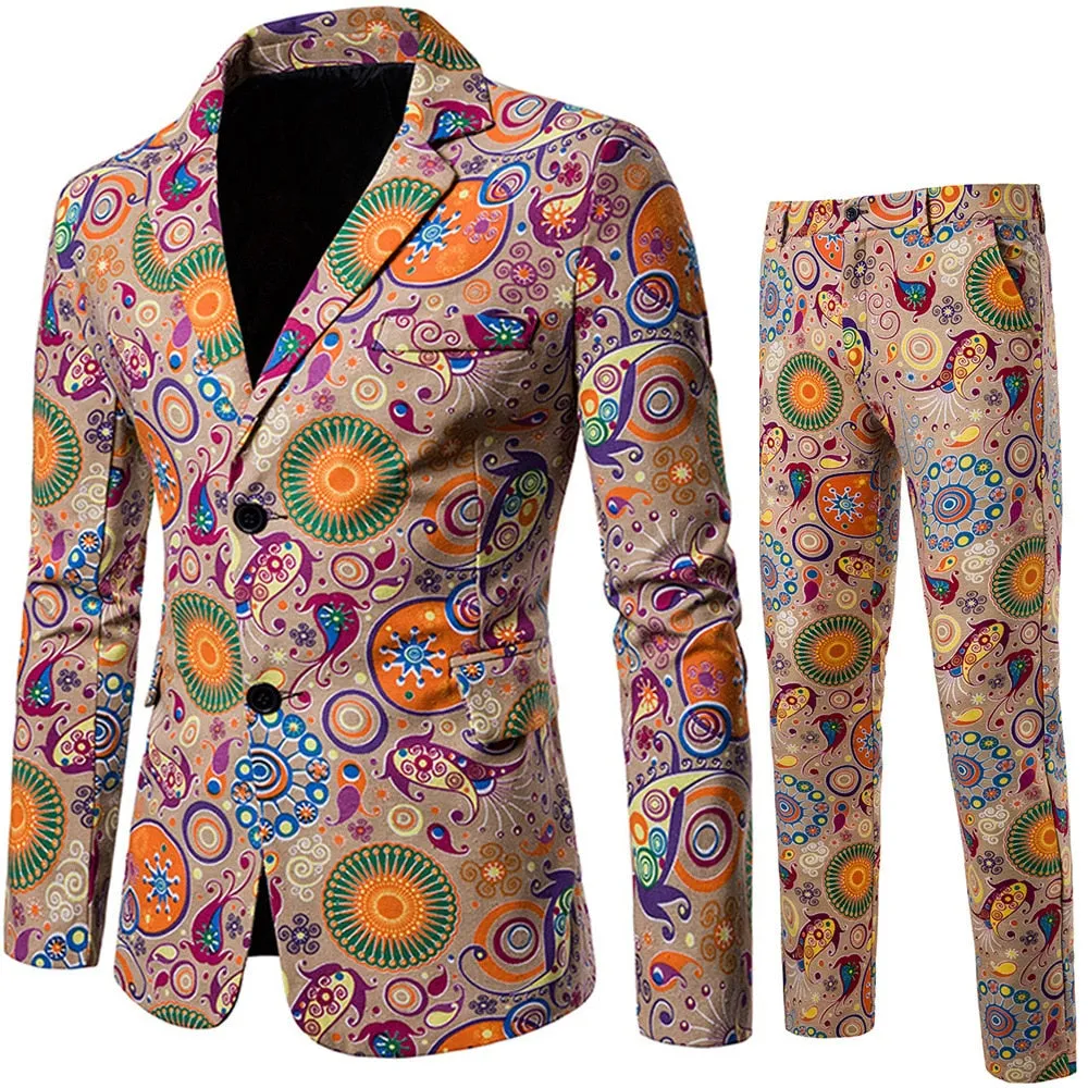 Men's Casual Party Stage 3D Floral Printed Blazer and Pants Two-piece Suit