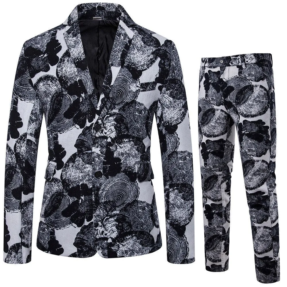 Men's Casual Party Stage 3D Floral Printed Blazer and Pants Two-piece Suit