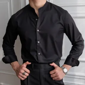 Men's Casual Polyester Solid Pattern Stand Collar Long Sleeve Shirt