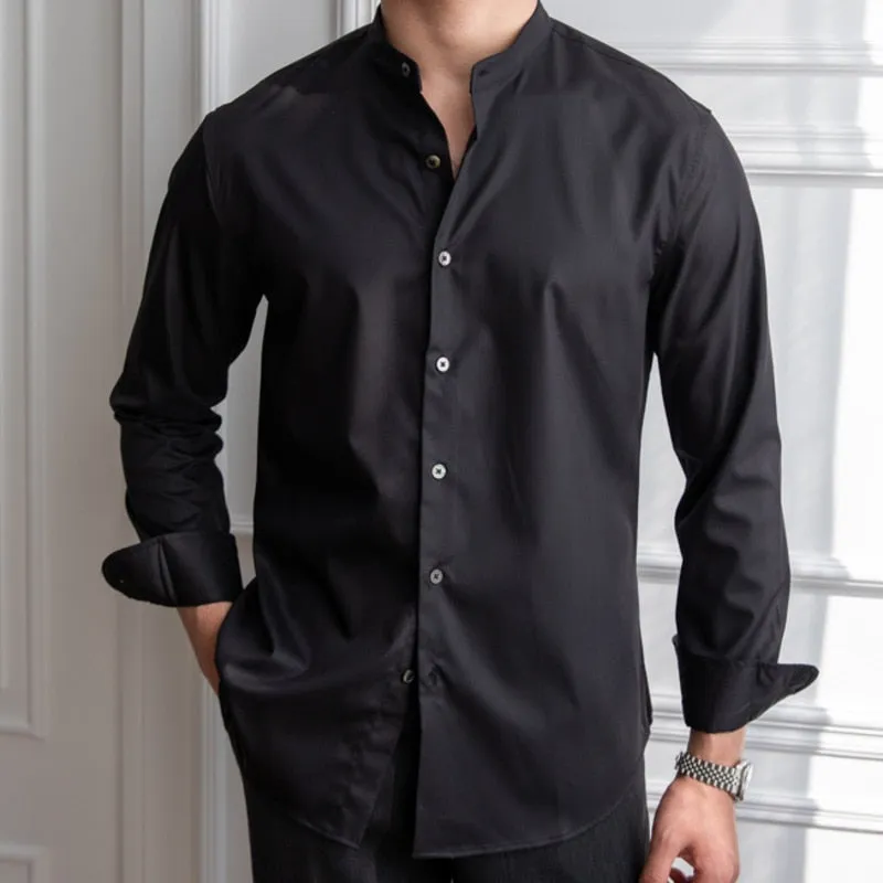 Men's Casual Polyester Solid Pattern Stand Collar Long Sleeve Shirt