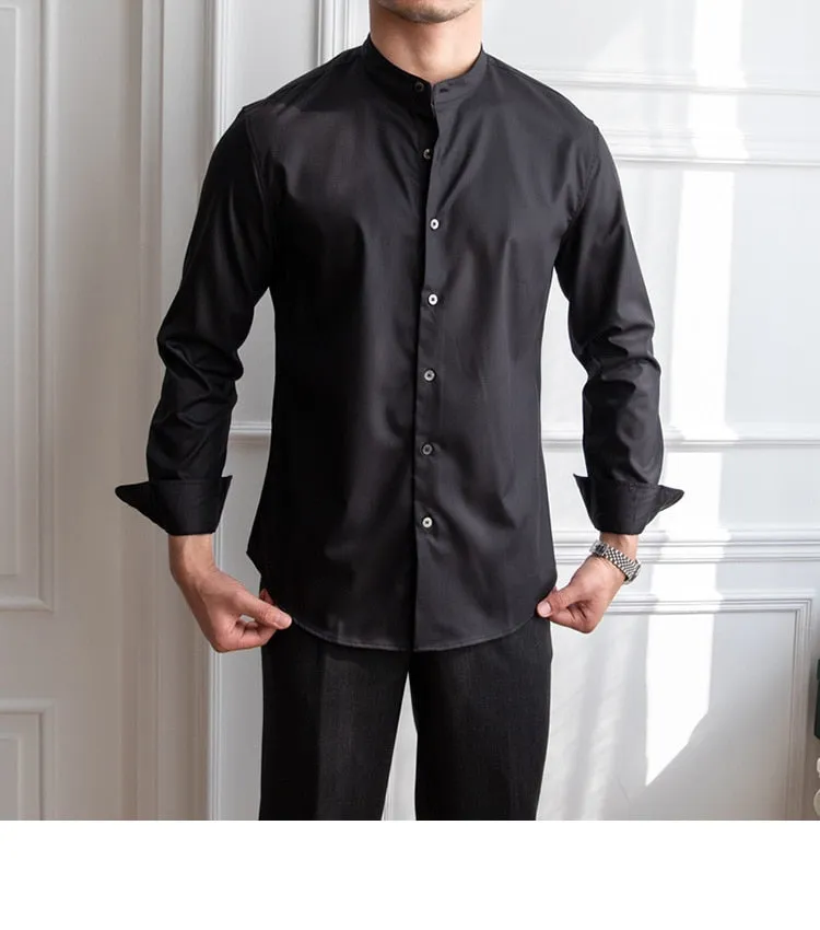 Men's Casual Polyester Solid Pattern Stand Collar Long Sleeve Shirt